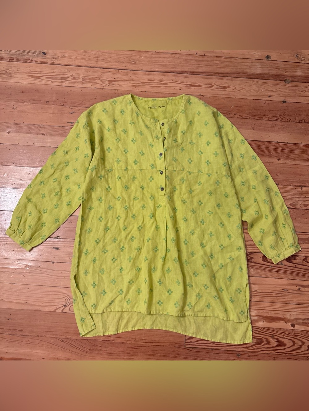 Gudrun Sjoden Tunic Top L Yellow Green 100% Linen Henley Boho Lagenlook
